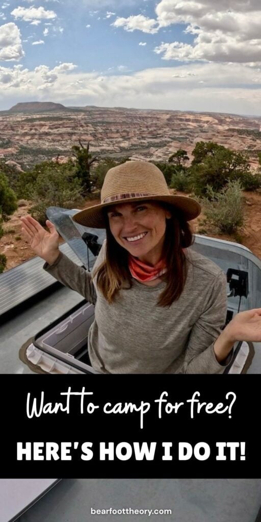 Kristen Bor popping up through skylight in the roof of a truck camper with text "want to camp for free? Here's how I do it"